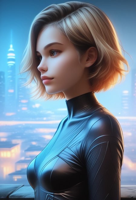 score_9, score_8_up, score_7_up, score_6_up, half body shot, 30yo women, solo, medium breasts, short hair, blond hightlight, attractive, night , (leotard:1.4), (european:0.6), (brazilian:0.6), d3t41l3d, (neodark:1.2), looking at city, (from side:1.2), on rooftop, (C7b3rp0nkStyle:0.8), (Masterpiece:1.3) (best quality:1.2) (high quality:1.1), detailed face,