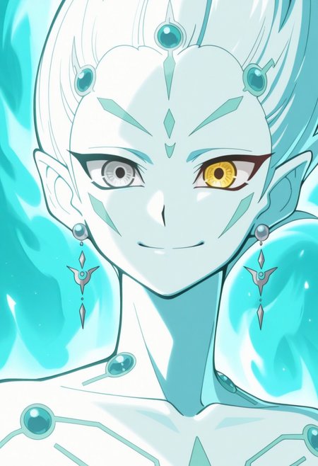 masterpiece,best quality,amazing quality, source_anime, 
astralzx, 1boy, male focus, solo, blue skin, spiked hair, pointy ears, earrings, heterocromia, grey eyes, yellow eyes, aqua theme, smile, portrait, aura,