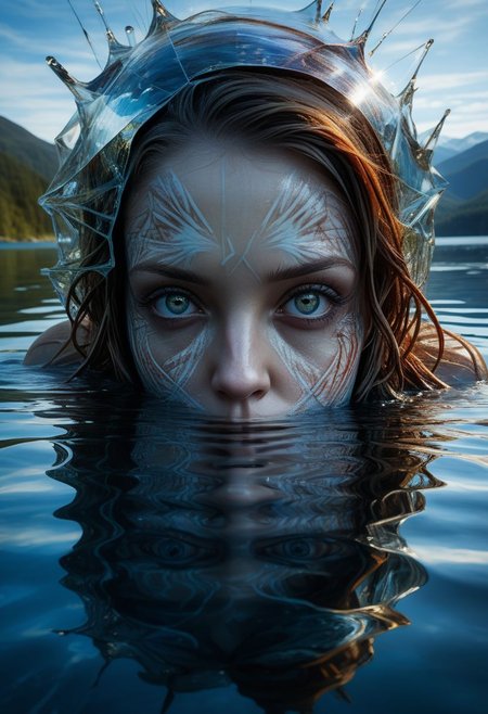 Mysterious female eyes in a lake, (only her eyes are above water-level, water reflection), goddess, alluring, by Minjae Lee, Carne Griffiths, Emily Kell, Steve McCurry, Geoffroy Thoorens, Aaron Horkey, Jordan Grimmer, Greg Rutkowski, amazing depth, double exposure, surreal, geometric patterns, intricately detailed, bokeh,  perfect balanced, deep fine borders, artistic photorealism , smooth,  great masterwork by head of prompt engineering   <lora:add-detail-xl:2>  <lora:Double_Exposure:0.5>