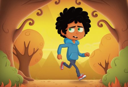 max (camp camp), cartoon theme, max (camp camp), 1boy, solo, human, male focus, curly black hair, curly tousled black hair, afro, dark skin, dark-skinned male,  large eyes, round eyes, green eyes,small nose, triangular nose, pointed nose, anoyed face, running,  blue hood, blue pants, small body, young boy, chibi, dark forest, night