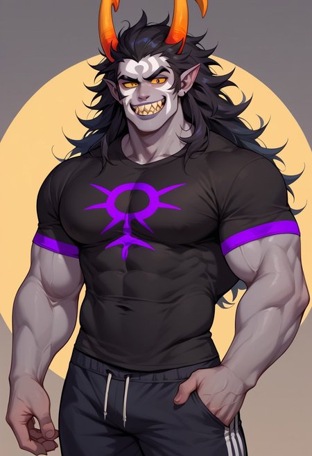 score_9, score_8_up, score_7_up, score_6_up, score_5_up, score_4_up, 
1boy, solo, buff, muscular, hunky, horns, troll, grey skin, yellow sclera, purple eyes, (purple symbol) on shirt, black shirt, black sweatpants, black hair, long hair, messy hair, huge pecs, horns, smug eyes, smug grin, sharp teeth, white facepaint,