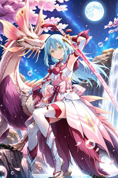 , source_anime, intricate details, masterpiece, high quality, prefect hands, best quality,, 1girl, detailed eyes , solo,,, anime coloring,cinematic lighting,
, blush
<lora:rimuru_tempest_ilxl:1> rimuru_tempest, 1girl , blue hair, yellow eyes, long hair, bangs, hair between eyes, small breast ,armpit ,
 <lora:Mizutsune Armor illuXL v1:1> mizutsune armor, white detached sleeves, white thighhighs, white wataboushi, yellow sandals, white kimono , pink katana, holding pink katana , bubble , waterfall, starry sky, night sky, full moon, river, rock,, bubble , tamamitsune, eastern dragon, 1other, no humans, blue eyes, bubble, petals,cherry blossoms,