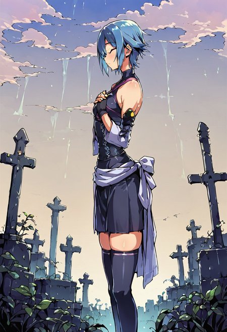 score_9, score_8_up, cowboy shot, solo focus, solo, aqua, outdoors, wide hips, narrow waist, skindentation, thigh highs, closed mouth <lora:AquaSDXL:1>  , takeda hiromitsu style, solo, graveyard, praying, closed eyes, rain, outdoors, cloudy sky, leaf, ruins, sunbeam, on her knees, side view,