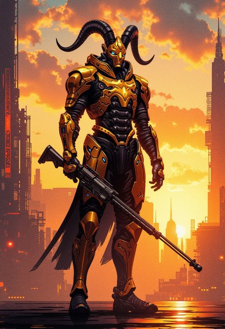Abstract digital painting in the style of ck-js, concept art, futuristic, cyberpunk Shiba warrior, gold and black power armour, elongated helmet with metal ram horns, standing on street of futuristic sci-fi city, holding large long sniper rifle, towers, domes and skyscrapers, sunset, rule of thirds, perfect lighting, sunset, HD32K, wallpaper, hyperdetailed