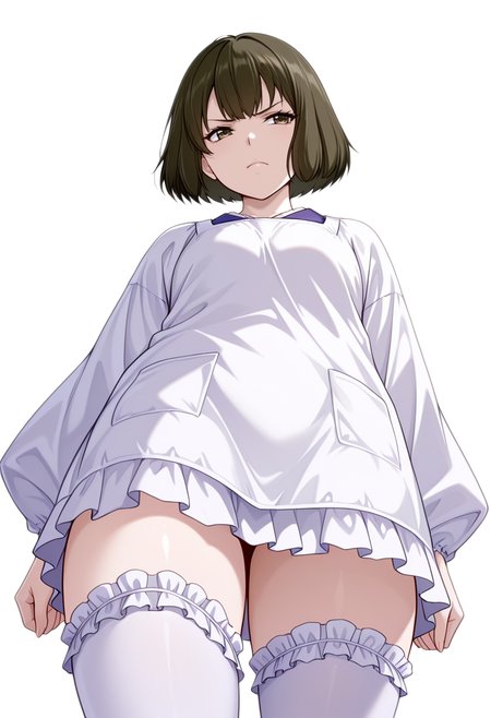 masterpiece,high quality details, absurdres,
 <lora:Akira_Dojima_V2:0.8> akira_cnr,1girl, brown hair, short hair, bob cut, bangs,brown eyes,, simple background, white background, from below,solo,, scowl,envy,, peplum top  ,kappougi,sweatpants,  ,frilled thighhighs,