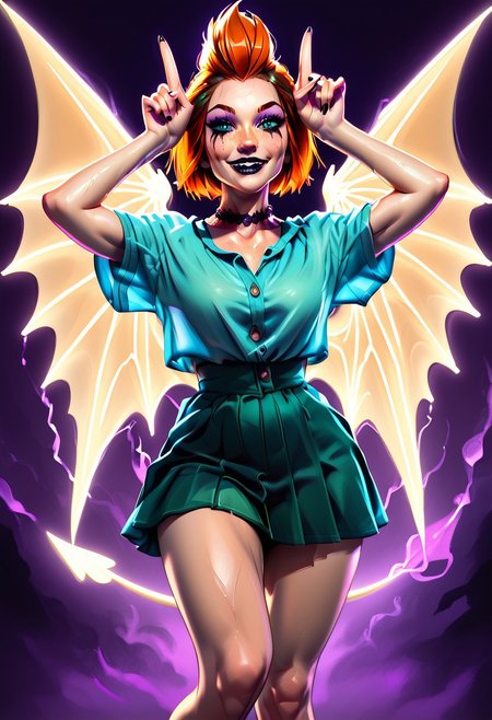 highres,score_9, score_8_up, score_7_up,, score_6_up, perfecteyes, naughty traditional art,rating_questionable, zPDXL, (((26years old))), (4k quality, masterpiece):1.4),( best quality:1.1), a demon,  blue eyes, cute face, freckles, h0rn pose long legs, full body shot, in overalls dress, green sports-bra, short skirt, lace choker, black lipstick, purple eyeshadow, eyeliner, runny mascara,  smile, transparent red wings,n30nw1ngs, neon light wings, 
two-tone  (copper, ginger)hair,  mohawk hair, muscular, curvy, sweaty skin, thighs
BREAK.
I'm an enchanted forest, oddly colorful mushroom, bright flowers, 
Break.
1ly4,
detailed skin, 8K, cinematic lighting, volumetric lighting, zPDXL, abv, 1dk, portrait, d3t41l3d, zPDXL2, perfecteyes,