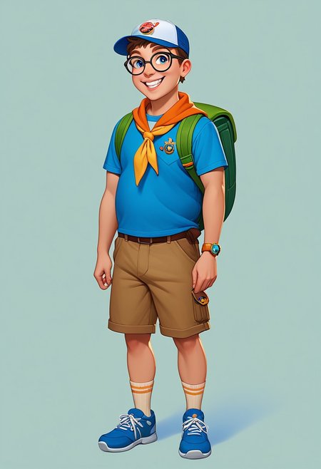 score_9, score_8_up, score_7_up, mgas, BREAK 1boy, little boy, solo, fat, smile, joyful, scout, without one tooth, teeth, short brown hair, blue eyes, round black-rimmed glasses, yellow handkerchief fastened with a bead around his neck, green backpack, red T-shirt with an orange pattern, brown shorts, brown strap with a gray buckle, light brown socks with thin stripes, blue shoes, blue and white cap, badge hanging on the strap of a backpack, BREAK his hands holding onto the straps of his backpack, standing, full body, full body shot, looking at viewer, semi-sideways, half-sideways, BREAK simple background, white background