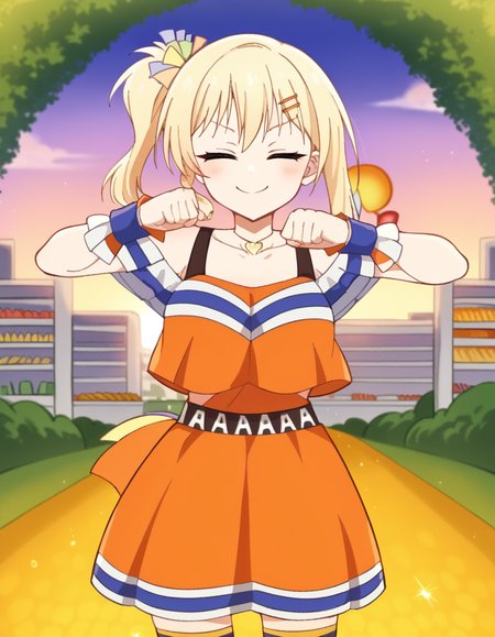 score_9, score_8_up, score_7_up, source_anime, <lora:ai-miyashita-saikou-heart-mv-ponyxl-lora-nochekaiser_r1:1>, ai miyashita, bangs, blonde hair, hair ornament, orange eyes, braid, sidelocks, medium hair, side ponytail, orange eyes, french braid,, skirt, thighhighs, jewelry, collarbone, necklace, off shoulder, tank top, wristband, cheerleader, pom pom (cheerleading), orange skirt, gyaru, heart necklace, supermarket, aisles, shopping, food, shelves, smile, <lora:shikairo-days-dance-ponyxl-lora-nochekaiser:1>, shikairo days dance, shikairo days dance (meme), dancing, meme, closed eyes, clenched hands, glowsticks, blush, smile,, looking at viewer, solo,, dutch angle, cowboy shot