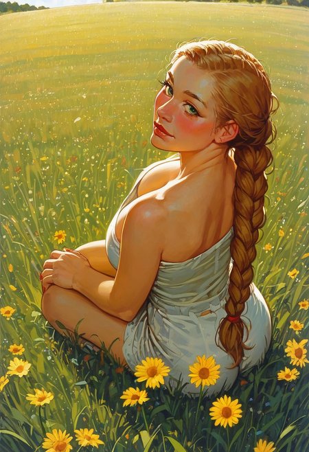score_9, sexy 24 year old woman, farmer, hands between knees, field, n, blush, beautiful face, green eyes, amber hair, crownbraid, ponytail, cleavage, 1920 clothing  dutch angle, red nail polish, sunlight, wind, flying leaves, sun flowers, corn field, lying on side, lying on haybail, ass view, looking at viewer from behind, posing 
Expressiveh, , norman rockwell style, 1920 clothing