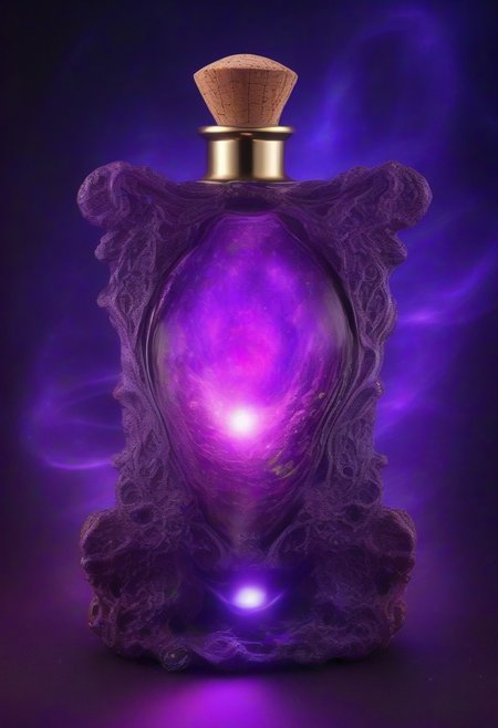 Score_9, Score_8, Photorealistic magic potion, intricate glass bottle, vibrant swirling neon-purple colors, ethereal light, wax seal, cork, dynamic reflections, magical aura, highly detailed, fantasy essence, glowing particles, radiant aura