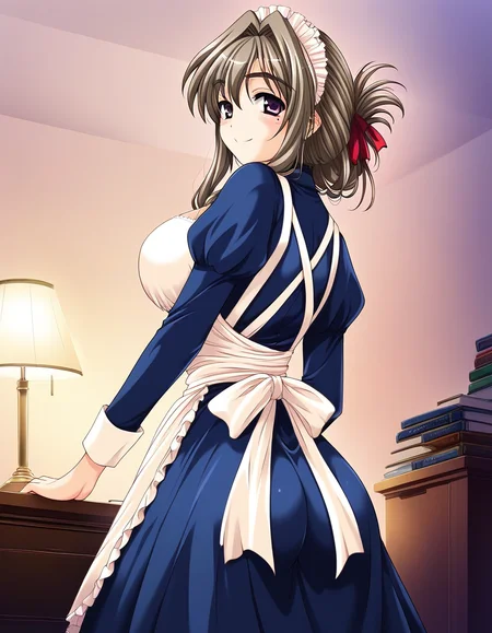 score_9, score_8_up, score_7_up, source_anime, rating_explicit, BREAK  <lora:Tomosato_Shiori_Ver2.0_XL:1> TomosatoShiori, brown hair, large breasts, purple eyes, hair intakes, hair ribbon, red ribbon, folded ponytail, solo,
1girl, solo, maid, book, apron, maid headdress,  smile, looking back, long sleeves, ribbon, indoors, lamp, breasts, blush, looking at viewer, butt,
smile,
looking at viewer, 
cowboy_Shot,