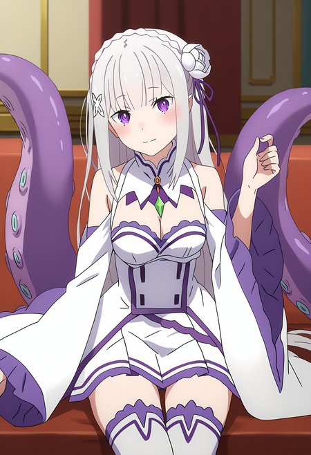 score_9, score_8_up, score_7_up, source_anime, rating_explicit,
BREAK
<lora:shiTentV1:1>,
shihybridcle, tentacle girl, tentacles,
1girl, solo, anime screencap, anime coloring, 
<lora:shiEmiliaV2:1> shimilia, long hair, grey hair, purple eyes, pointy ears, crown braid, hair flower, hair ribbon, purple ribbon, x hair ornament, white dress, cleavage, bare shoulders, wide sleeves, white thighhighs, thigh boots,
looking at viewer, blush, smile, head tilt,