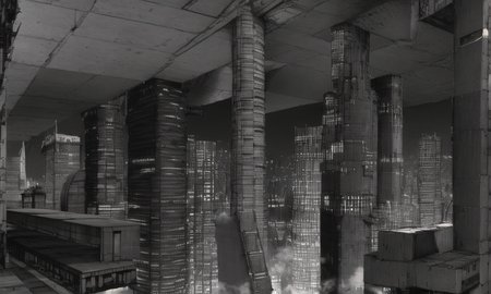 vast scenery, empty, city ruins, cables, tubes, clouds, smoke, megastructures, dystopian minimalistic buildings, (best quality:1.3), monochrome, grayscale, <lora:blame5:1>,  g-pen sketches, rough outline, detailed shadow