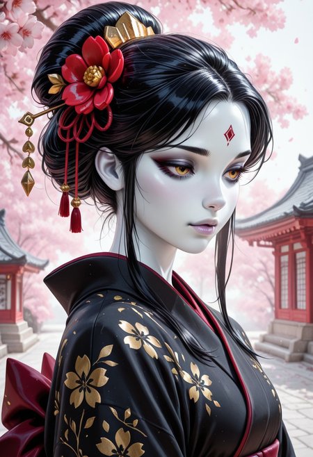 high_quality, highres, detailed, (masterpiece, best quality:1.2), absurdres, 8k, HDR, Jeddtl02,  (colored skin, white skin:1.2), black hair, detailed lips, soft lips, white lips, elegant kimono, black kimono, floral embroidery, cherry blossoms, traditional hair ornament, serene expression, ink style background <lora:DetailerILv2-000008:1>