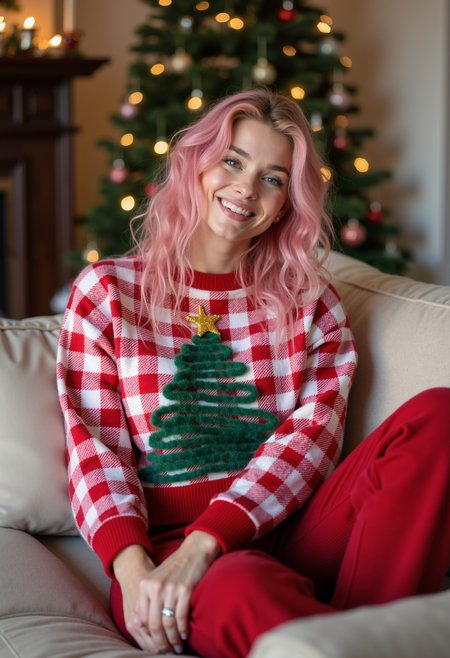 clo031, full body shot, beautiful woman, pink styled hair, smiling, wearing a red-and-white checkered knit sweater with a fuzzy green Christmas tree design and a gold star on top, soft textures, long cozy pants, red christmas socks. lying on a couch in front of a christmas tree, in a cozy living room