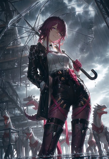 (guweiz, konya karasue, dino \(dinoartforame\):1.2), cinematic shot, 
 masterpiece, best quality, absurdres, highres, 
(dynamic angle), dutch angle, perspective, from below, long shot, 
1girl, (solo:1.2), kafka \(honkai: star rail\), holding transparent umbrella, looking at viewer, smug, head tilt,  tall, narrow waist, contrapposto, 
grey sky, storm, rain, water drop, 
indoors, detailed background, sidelighting, 
 usnr,