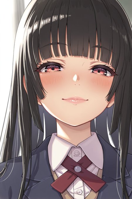 masterpiece, best quality, amazing quality,
 <lora:Kuensan_IL:1> kuensan, 1girl, school uniform, solo, long hair, bangs, looking at viewer, smile, shirt, hime cut, jacket, blazer, blush, collared shirt, lips, blunt bangs, portrait
