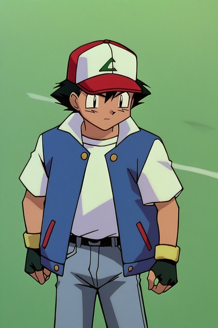 score_9,score_8_up, score_7_up, BREAK ict style,retro artstyle,ash ketchum, 1boy, solo,baseball cap, blue jacket,open jacket, jeans, white shirt, fingerless gloves, cowboy shot,black hair, black eye   <lora:PokeMoviesPony:1>