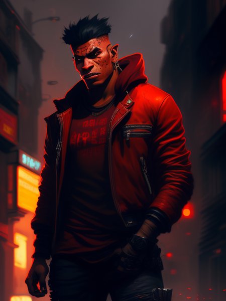 facing camera, splash art (full body shot:1.25), (extremely detailed 8k wallpaper), digital painting depicting a (((20 Year Old))) (Orc:1.18) Czech male gang member in a cyberpunk city street, (Natural skin color:1.5), wearing red shirt and jacket, (nighttime:1.5), posed character design study, highly detailed,  soft shading, art by (Lucio Parrillo) and kevin lord and midjourney and Greg Rutkowski, abstract <lora:epiNoiseoffset_v2:1>