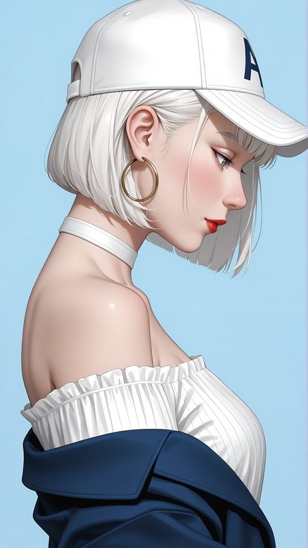 1girl, solo, white hair, short hair, french bob cut, grey eyes, thick eyebrows, red lips, hoop earrings, blush nose, white choker, hair behind ear, off-shoulder shirt, white shirt, white baseball cap, bare shoulders, blue blazer, simple background, blue background, looking down, side profile, side view, model, photohraphy, modeling, stylish, modern fashion, watercolor \(medium\), watercolor effect, watercolor background, beauty, masterpiece, best quality, high resolution, very aesthetic, absurdres, newest, professional, high-quality, hyper-realistic, portrait of a woman, detailed eyes, realistic body