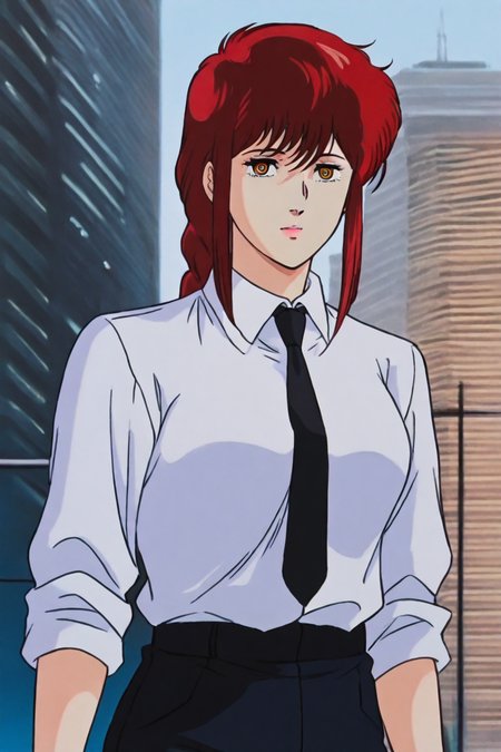 <lora:mak1ma0XL_Pony_v1:0.6> , mak1ma0, (makima:0.8), red hair, long hair, ringed eyes, braid, white collared shirt,black necktie, black pants, 1girl, solo, alone,  <lora:city_hunter_style_illustriousXL:0.8>, city_hunter_style, masterpiece, highres