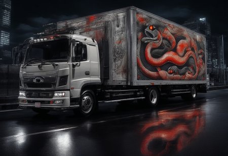 (masterpiece, best quality), highly detailed, ultra-detailed, (night), (city highway), (large truck), (truck bed side:1.3), (japanese tattoo style:1.4), (evil snake:1.5), (serpent scales), (detailed scales), (snake fangs), (glowing red eyes), (menacing), (dark color scheme), (headlights on), (streetlights:1.2), (motion blur:0.8), (high speed), (asphalt road), (reflections), (night atmosphere),Japanese truck