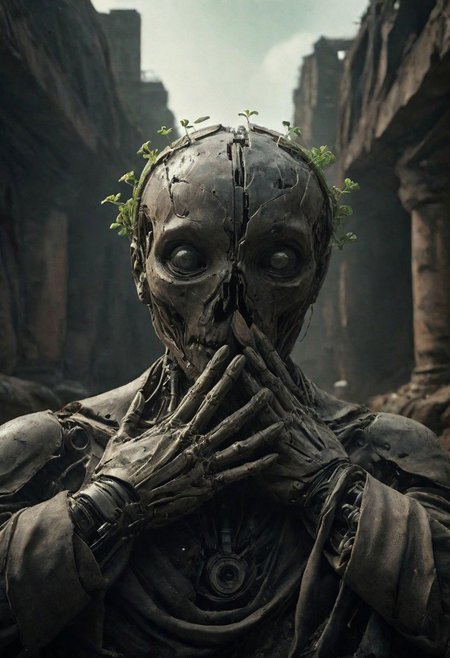 Capture the essence of a dystopian future in a close-up photograph featuring two cyborg or robotic hands cradling a mound of fresh earth with a vibrant green sprout, set against a backdrop of dark ruins. Explore the juxtaposition of technological beings nurturing the symbol of life in the midst of desolation.
very detailed, atmospheric haze, Film grain, cinematic film still, shallow depth of field, highly detailed, high budget, cinemascope, moody, epic, OverallDetail, gorgeous, 2000s vintage RAW photo, photorealistic, candid camera, color graded cinematic, eye catchlights, atmospheric lighting, skin pores, imperfections, natural, shallow dof