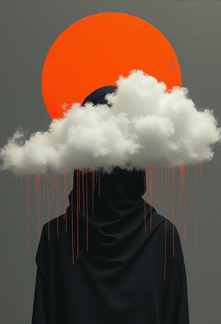 Content:

The fashion low contrast photo depicts a woman in dynamic pose with her head obscured by a single huge long fluffy white cloud and orange rain pouring down from the cloud, bold stroke of paint with subtle shading and contouring to create a sense of volume and depth. Above the head there is a muted orange round sun rising. She wears a minimalistic black burka.

Additional Details:

muted and damaged colors and completely dark grey background with lots of dust scratches and red paint splashes, minimalistic style, huge damage pitch and Intricate textures