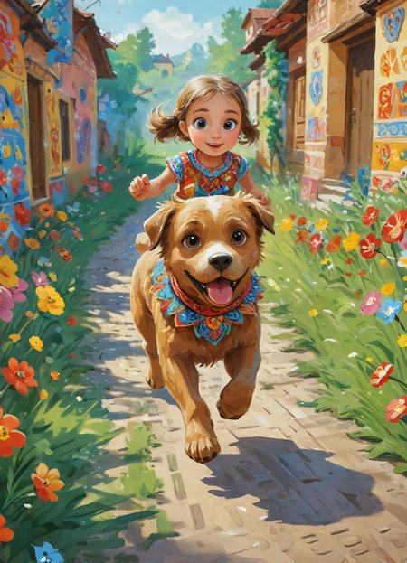 A cute dog running_towards_viewer,  (a little girl chasing after:1.3), professional 3D cartoon character design, whimsical animation, vibrant personality, exaggerated features, dynamic pose, expert character design, colorful textures, engaging storytelling, versatile animation styles, captivating visuals, imaginative concepts, playful interactions, high-quality rendering, volumetric, 4k