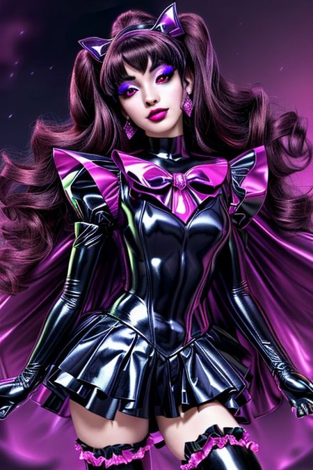 MEvil, EvlSM, Bad_End_Precure, DarkPrecure, adult, evil corrupted princess wearing dark pastel (ruffled:1) (gleaming latex:1) (sailor senshi uniform) with (long latex cape:1) and latex gauntlets, soft lighting, ruffles,
(makeup, lipstick, mascara, eyeshadow),
(red eyes, colored skin, glowing eyes, evil smile),
<lora:more_details:0.5>,