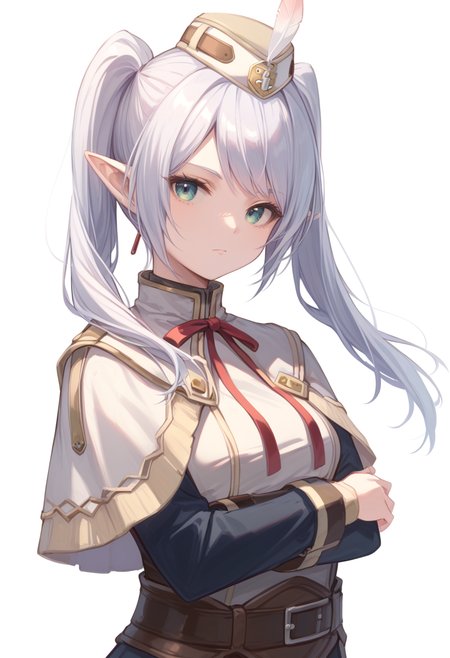 (score_9:0.9),score_8_up,score_7_up,rating_safe,anime_style,(zPDXL),<lora:hub lass and Brigade Armor ponyXL v1.2:0.7>,brigade clothes,1girl,solo,white hat,upper body, white background,simple background,looking at viewer,standing,white clothes,black long sleeves,closed mouth,white capelet,red neck ribbon,<lora:frierenponyxl:1>,Frieren,pointy ears,twintails, crossed arms,