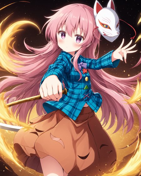 hata no kokoro,1girl, solo, skirt, naginata, plaid_shirt, long_sleeves, looking_at_viewer, oni_mask, fox_mask, blush
<lora:hata_no_kokoro_image5070_2023-12-20:1>,star-shaped_pupils,symbol-shaped_pupils,. gorgeous,key visual, vibrant, studio anime,award-winning, professional, highly detailed,high budget, cinemascope