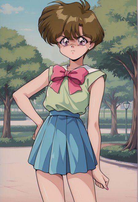 1girl, retro artstyle, 1990s \(style\), short hair, Brown hair, purple eyes, green shirt, sleeveless, pink ribbon, blue skirt, pleated skirt, flat chest, hand on own hip, outdoors, park, looking at viewer, disgust <lora:Jungle_de_Ikou_illus:1>, masterpiece, best quality, amazing quality, very aesthetic, absurdres, highres, newest