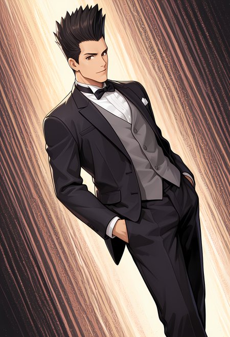 masterpiece, best quality, amazing quality, dutch angle, abstract background, BREAK
1boy, solo, male focus, ff_joe, black hair, spiked hair, brown eyes, tuxedo, formal, bow tie, BREAK
<lora:cfg_scale_boost:.6> <lora:Joe_Higashi_-_Fatal_Fury_-_ILXL:1>