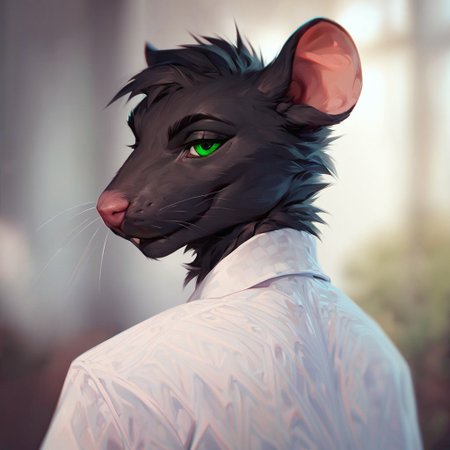 (((beautiful, high quality))), upper Body, score_9, score_8_up, score_7_up, 
ratfolk, furry rat, 1male, black fur, green eyes, white shirt,
looking at the viewer, posing, blurred background,