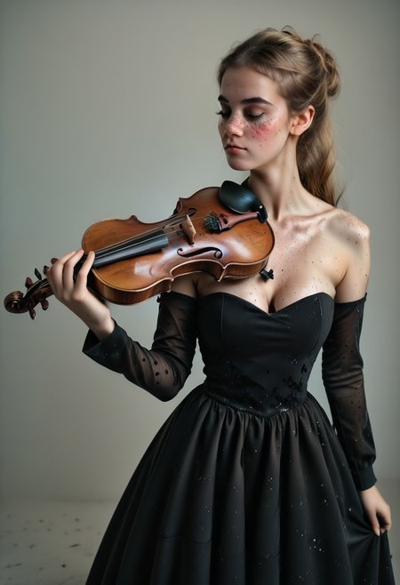 score_9, score_8_up, score_7_up, score_6_up, instagram photo, realistic face, from side, 1girl, 18 years old, from above,, a female play violin, playing violin, violin,  <lora:violin-without-bow-pony:0.64>,black dress, glitter,long sleeves, collared dress , high detail, bare shoulders,,8K quality, <lora:nsfwsks:1> ,<lora:detailz:1>.