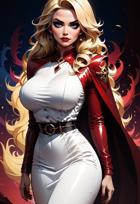 MILF, 32 years old, blonde hair, tight leather skirt, black leather vampire cape, sloppy red wavy hair, sexy red boots, revealing outfit, red lips, mascara, eyelashes, hourglass figure, strong, big blue eyes, playboy pose, hands behind the head, seductive, large saggy breasts, mature female, m1lfm3t3r, anezaki mamori, (((Masterpiece))),  Masterpiece, highest quality, realistic skin texture:1.5, high ,tear shaped boobs, drow ranger, drow ranger \(dota2\), slimes_balalaika, scar, blonde hair, Masterpiece, 32k, photorealistic:1.4, score_9, score_8_up, score_7_up, huge boobs, small waist, wide hips, high cheekbones, oval face, slim waist, wide hips, thick thighs, full hips, DARK SIDE \(PICTURE BOOK\), NO FACE, colorful background, vivid colors, volumetric light, cinematic light, extremely detailed.