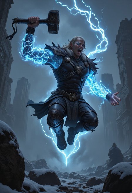 UHD 32k epic fantasy movie still, Full-body portrait, low-angle cam, HDR, RAW. photograph. angry blond Viking man god of Thunder dynamic leaping at camera holding Mjölnir overhead, lightning striking Mjölnir and he glows with lightning aura and blue lightning bio ink arcane tattoos mad-arcnsmbls, he has glowing tattoos on his arms and legs, snow on medieval battle background, snowing, high action pose, correct digits, fantasy, impossible jump, epic scale, Stunning visuals, Texture, aidmafluxpro1.1, Cinematic style, Beauty, Realism, Photorealism, Chiaroscuro, High quality, vikingpunk, viking_punk, ArsMJStyle