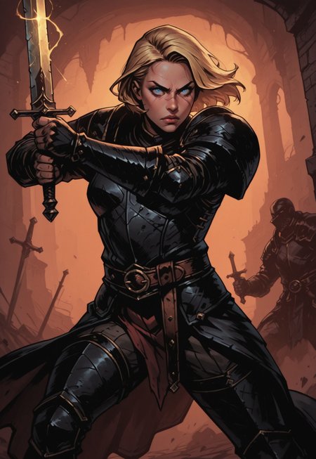 masterpiece, best quality, amazing quality, very aesthetic, (1girl, human), solo, weapon, blonde hair, belt, short hair, blue eyes, facial scars, black armor, surcoat, holding weapon, holding sword, glowing sword, masterwork, masterpiece, best quality, dynamic lighting, dynamic pose, dynamic angle, BREAK, aggressive pose, casting a spell, determined expression, backlighting, dark city, deep shadows, moonlit street, mystical aura, depth of field, dynamic pose, dramatic composition, foreshortening, detailed background, dynamic pose, dynamic composition, dutch angle,