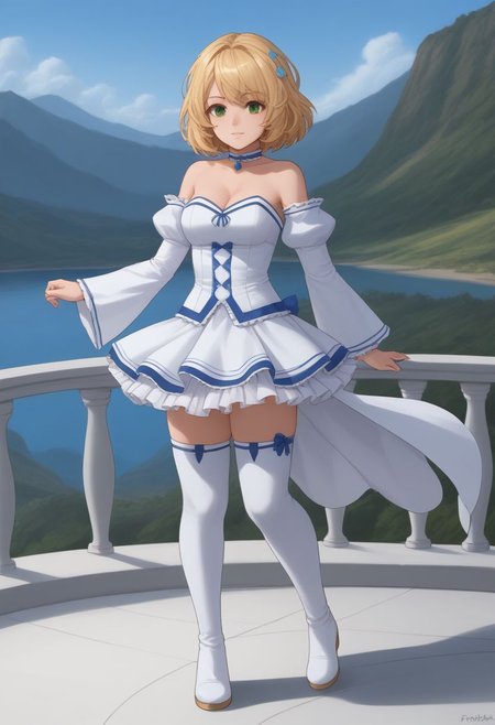 high quality, solo, 1girl, FioraDE, green eyes, blonde, medium hair, white bralette strapless, detached sleeves, skirt, thighhighs, boots, choker,