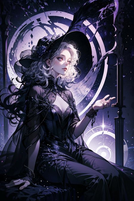 1girl, a witch, curly hair, sitting in a front of ((magical portal)), sinister  expressions , huge cauldron, spider webs, portal shows night sky with stars <lora:CL-EnvySorceress:0.5> witch, indoor, ((portal to another world)), low key lighting  <lora:EF-LowRA:0.25> dark theme2 <lora:EF-add_detail:0.5> <lora:CL-edgHaute_Couturev3:0.15> Haute_Couture, designer dress, wearing Haute_Couture <lora:JW:0.5> <lora:ST-Cosmic anime-oil fusion v2:0.25> <lora:Painted_poster_V1-000035_1_pp:0.75> Painted poster<lora:EF-GoodHands-beta2:0.5><lora:EF-GoodHands-beta2:0.5>