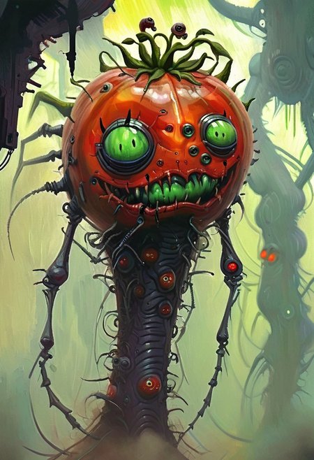 w4rh4mm3r style oil painting, grimdark, cybernetic , 
tall creepy Tomatoes man monster, lascivious smile