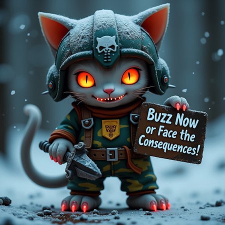 (masterpiece), best quality, Kharithi Style, dark, dark lighting, gritty, expressive eyes, perfect face, (transformer, transformers), (vampire, vampire fangs, fangs), cat, feral cat, (evil, skull), holding sword in mouth, snow, glowing claws, wearing a helmet, hello kitty emblem, hello kitty camouflage in pastel colors, holding a sign that says "Buzz Now or Face the Consequences!"