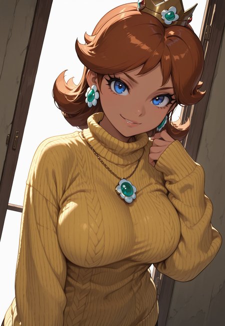 masterpiece, best quality,high quality, newest, highres,absurdres, Sinozick_illu, 1girl, solo, blue eyes, dark skin, jewelry, brown hair, princess daisy, crown, large breasts, looking at viewer, , dutch angle,  soft lighting, smirk, pendant necklace, cashmere sweater, long sleeves, sleeves past wrists, yellow sweater