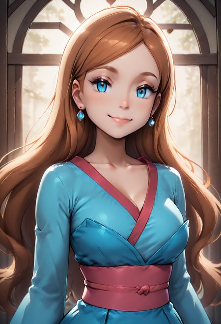 masterpiece, best quality, 1girl, solo, looking at viewer, smile,   zzLinnea, blue eyes, brown hair, long hair, earrings,  blue kimono, sash,  , <lora:LinneaPokemon_IXL_v2:1.0>, , smile, looking at viewer, zzHyp3r, upper body, backlighting,  <lora:HyperHighlight_IXL:0.8>,