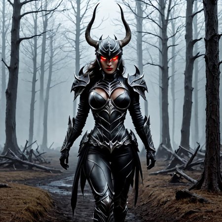 Medium shot, realistic photo, UHD, 4k. A massive, bodbyuilder girl:1.1 emerges from the mist, the demonic assassin’s muscularity exaggerated by the sleek, glossy black armor that molds to her body like a second skin. The crimson cracks in her armor pulse with dark energy, her shoulders and arms rippling with power beneath the tight material. She wears a horned helmet that conceals part of her face, leaving only her glowing eyes visible. Behind her, twisted, dead trees lean toward her presence as though drawn by her power, while the dilapidated statues of forgotten angels crumble at her feet. The cold, pale moonlight casts long shadows across the uneven, fog-drenched ground.