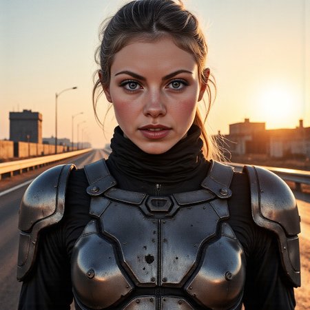Armored wastelander woman, closeup head shot, a futuristic road warrior, bold and determined, illuminated by smoky light at sunset, hyperdetailed, 8k resolution concept art, WLOP, Moebius, hyperrealism. Her piercing, ice-blue eyes lock onto the dystopian landscape. Wisps of her hair whip across her sharp features. Behind her, a ramshackle fortified wasteland settlement can be seen. She stands on the highway, wearing a black leather jacket over body armor made from pieces of old car tires and faded metal signs.