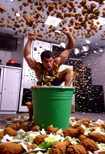 fried chicken explosion lettuce covering lens man eating a corporate bucket of fried chicken corporate logos colourful and flexing reflective television broadcast colors bouncing off surfaces, faces on the floor and in the ceiling psychedelic chaos