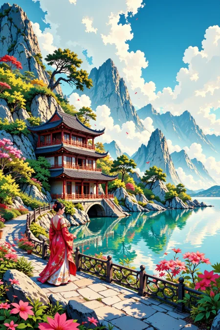 luxury residence beautiful landscape, cloudy sky, woman, very intricate, very detailed, sharp, bright, colorful, <lora:Hand v2:0.5> <lora:Anti-Blur:1><lora:Insane Detail Slider:0.25>  <lora:flux.1_lora_flyway_Epic-detail_v2:0.3> <lora:fluxenhancer:0.25> <lora:ROWER:0.6> <lora:flux-charmer-v1-1:0.4><lora:Vibrantly_Sharp_style_v.5:0.4> <lora:realanime:0.7> <lora:Chinese_Ink:0.3> chinese ink style