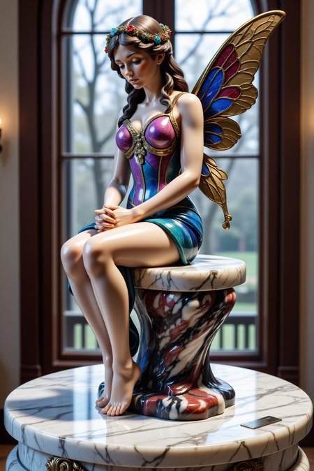 Midjourney dark fantasy style, very detailed statue made out of pink granite and marble a  of a fairy sitting on a window sill. (She is standing on circular white marble platform with a commemorative plaque on a pedestal:1.8)
. The fairy is wearing a colorful dress with intricate patterns and designs. The dress is made up of different shades of blue, purple, and gold, creating a rainbow-like effect. The wings of the fairy are large and have intricate patterns on them. The figure is sitting on its hind legs with its hands clasped together in front of it. The background is blurred, but it appears to be a window with a view of trees outside. The sculpture is made of metal and has a shiny finish., <lora:flux-marblestyle:1>, <lora:Midjourney dark fantasy style:0.5>